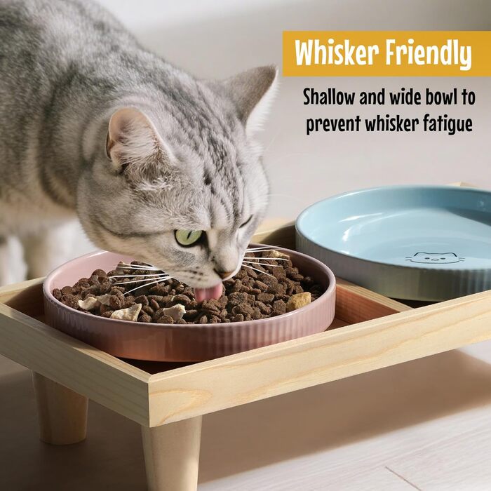 Миска для котів плоска керамічна з дерев'яною підставкою, піднята станція для годування з 2 керамічними мисками, миска для котів, діаметр миски 16 см для їжі та води, рожева & блакитна, блакитно-рожева