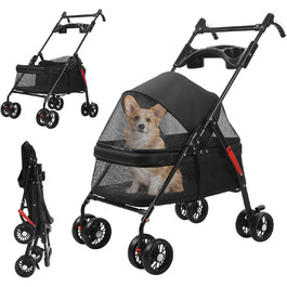 Транспортувальна візок для собак, легкий та складаний, з регульованим козирком, анти-вислизання, гальма та багажник (до 10 кг), чорний
