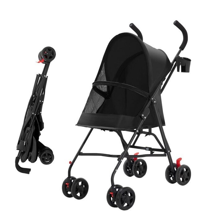 Дитяча коляска для собак та котів, складана, чорна, до 20 кг, з гальмами, великий кошик, 3 вікна, тримач для напоїв, 97 x 45 x 55 см