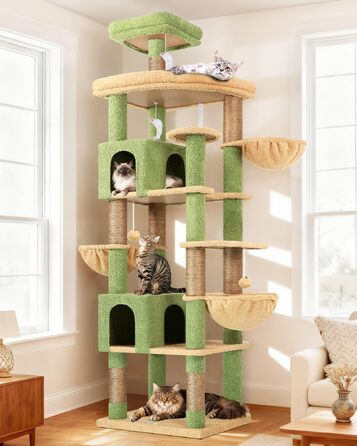 Дерев'яний комплекс для котів Globlazer XXL, 209 см, з 2 будиночками, великою платформою, 3 кошиками, ситцевими стійками, 8 сизалевими стовпчиками для дряпання, стабільний, зелений