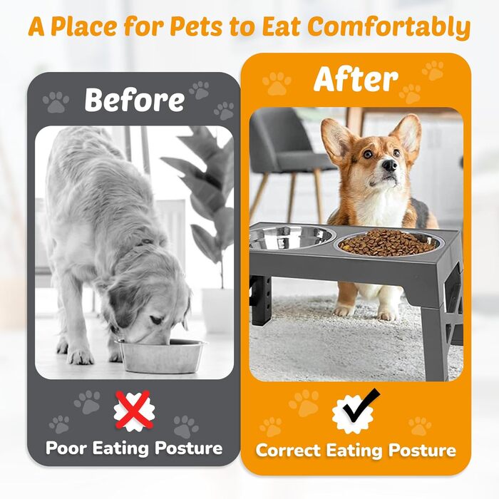 Підвищені годівниці для собак DicePro з регульованою висотою та повільною годівницею, 2 миски з нержавіючої сталі – для малих, середніх та великих собак
