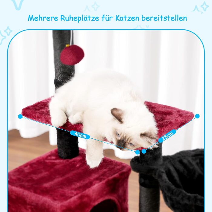 Котячий будиночок Hey-brother Kratzbaum 108 см: багатоповерховий котячий будиночок з подряпувальними стовпами, кошиком, просторим будиночком та іграшкою-помпоном, червоно-чорний MPJ007SBR