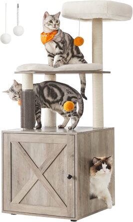 Котячий комплекс Feandrea WoodyWonders 2-в-1 з когтеточкою, туалетом у шафі, 134 см, з драпаком, платформою, знімними подушками, грейж