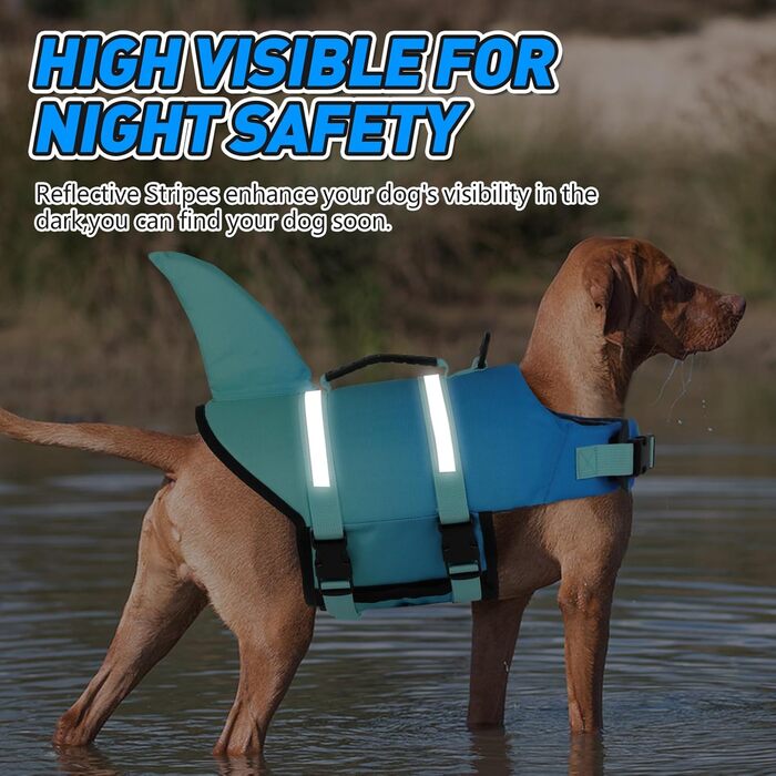 Жилет для плавання собак Doglay з принтом акули, для відпочинку на воді, велика плавучість, регульований, для собак, блакитний градієнт (Small)