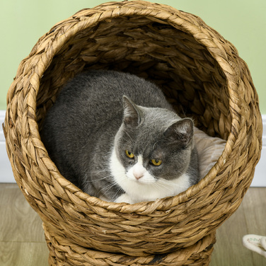 PawHut Rattan Cat Basket Ліжко для кішок з подушкою 42x33x52см з водного гіацинта, зручне & світло-коричневе для кішок