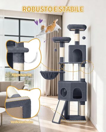 Кігтеточка для котів Hzuaneri, 174 см, XL, 2 платформи, 2 печери, 4 стовпчики, дошка для заточування кігтів, мотузка з сизалю, плюшеві кульки, для багатокотових сімей, MS17418LG (Темно-сірий)