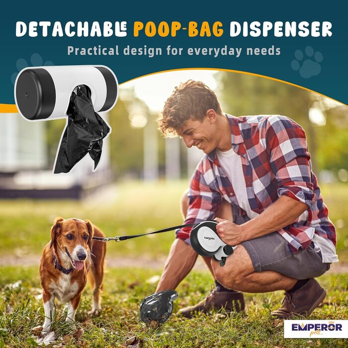 Рулетка для собак Emperor Pets Aura BW26, біла, до 50 кг, міцна, з антиковзною ручкою та світловідбиваючою стрічкою, для середніх і великих порід