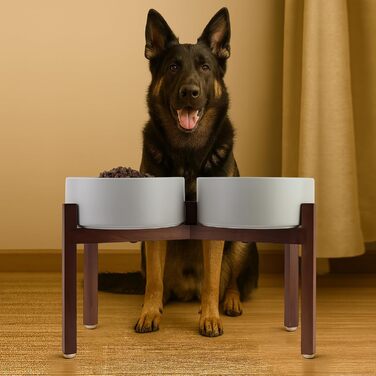 Миска для собак SpunkyJunky з кераміки, подвійна, піднята на підставці з акації, 1800 мл, сіра