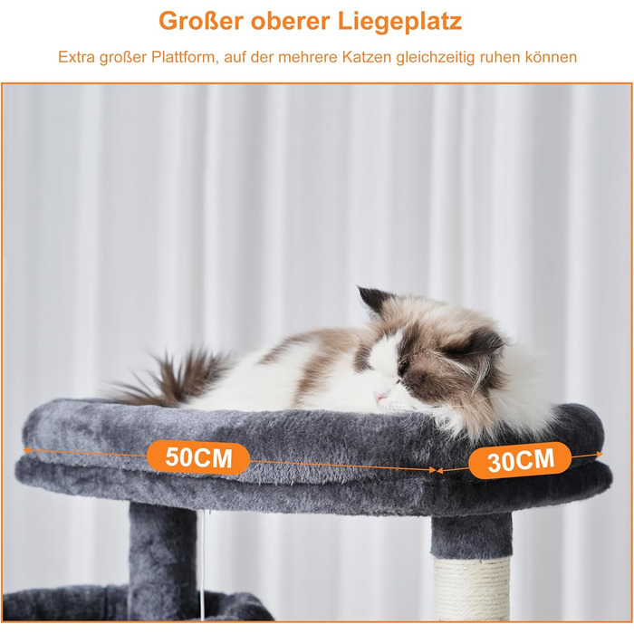 Кігтеточка-вежа для котів Heybly, 180 см, сірий, з 2 платформами, 2 будиночками, 2 гамаками, корзиною та дряпалкою HCT034G