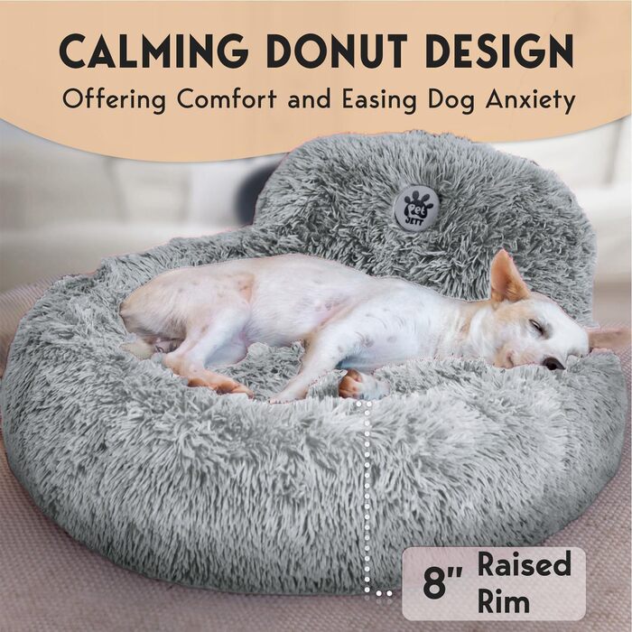 Крісло-лежанка для собак PetJett, середнього розміру, 76,2 см, у вигляді пончика, з антиковзким покриттям та можливістю прання, супер м'яке та пухнасте, кругле ліжко, знімає тривожність, преміум-комфорт для домашніх тварин, підходить для собак до (Д 76 x 