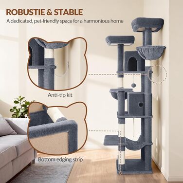 Драбина для котів Kratzbaum Groß 216 см, XXL розмір, стабільна з крізьолунами, 2 затишні будиночки, 2 платформи, 2 кошики, гамак, для дому, FPMS007FG1 (60 x 50 x 216 см, темно-сірий)