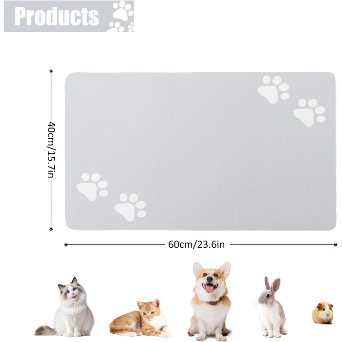 Килимок під миску для собак та котів, суперпоглинаючий, нековзний, миючий, 40x60 см (Світло-сірий)