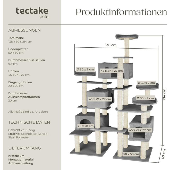 Дерево для котів Tectake® велике, з аксесуарами, XXL, 4 будиночки, ігровий комплекс, стовпчик для дряпання з сизалю, сірий | 403920
