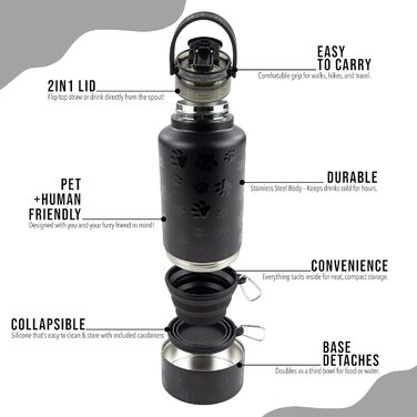 Водяна пляшка для собак Hogg Hydro Hound: портативна миска, ізотермічна, з нержавіючої сталі, чорний дизайн з відбитками лап
