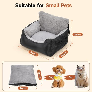 Зручний автокрісло для собак з кишенею, водонепроникне ліжко для подорожей з неслизьким дном, м'яке автоліжко для маленьких собак, 55 x 50 x 35 см, чорний