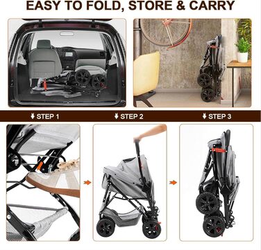 Візок для тварин, візок для собак та котів до 20 кг, чорний. Зручний, з поворотними колесами, кошиком для зберігання та гальмом. Легко складається.