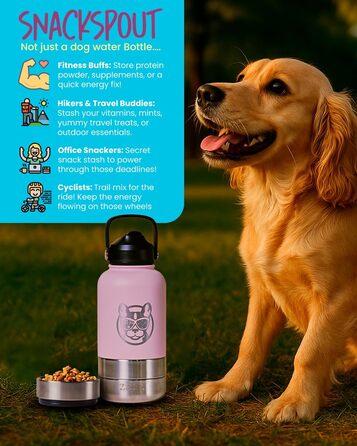 3-в-1 пляшка для собак з мискою та відсіком для ласощів, 1 л, Babyrosa | Без BPA, ізольована, для прогулянок