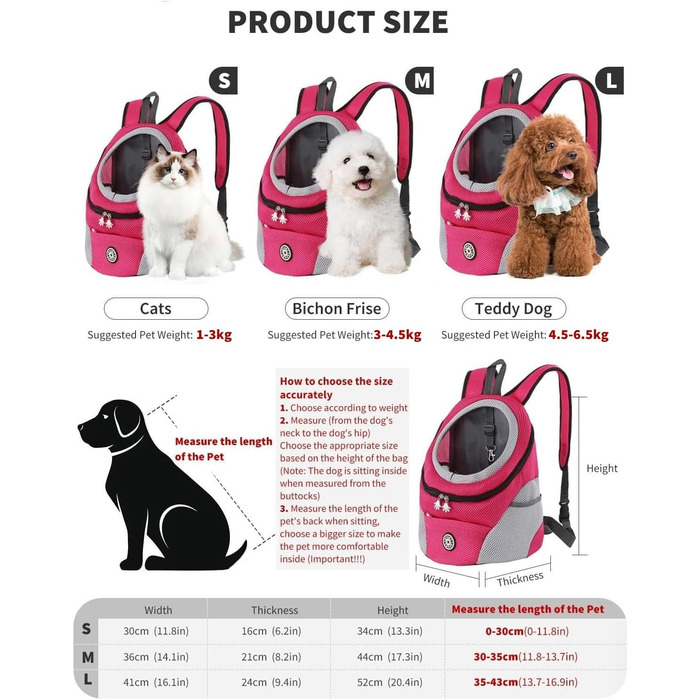 PETCUTE Рюкзак-переноска для собак і котів, регульований, для маленьких тварин, з підкладкою, водонепроникний, дихаючий, з передньою кишенею та страхувальним гачком, для походів, колір Рожево-червоний