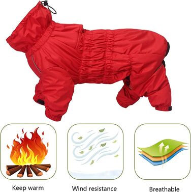 Зимовий комбінезон для собак з ніжками, водонепроникний, з флісовою підкладкою, вітростійкий, світловідбиваючий, для маленьких та середніх собак - червоний, розмір S