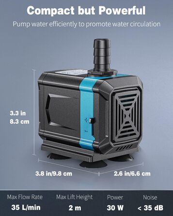 Pawfly акваріумна занурювальна помпа 2100 л/год, ультратиха, регульована висота підйому 2 м, для акваріумів, ставків, фонтанів, водоспадів, статуй і боліт