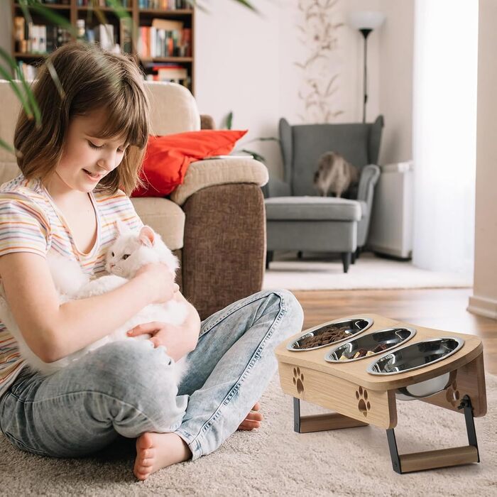 Підвищені годівниці для котів Optyuwah - набір 3 шт. з регулюванням висоти, з нержавіючої сталі, для води та корму, підходять для котів та маленьких собак, жовті