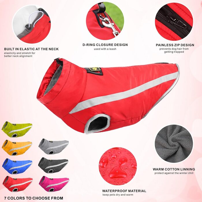 Водонепроникний зимовий теплий одяг для собак, вітрозахисний одяг для домашніх тварин, теплий одяг для собак, флісова куртка, комплект одягу для маленьких, середніх та великих собак, жилет з отвором для шлейки XL-6XL (Червоний, XL)