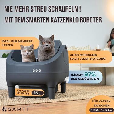 Самоочисний котунок для котів XXL, автоматичний лоток для котів з контейнером 15 л, сірий