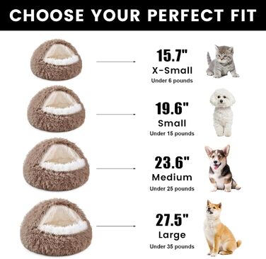 Кругле ліжко для собак NOYAL з капюшоном для маленьких та середніх тварин – плюшеве, м'яке, заспокійливе ліжко-печера для котів та собак, 60x60x43 см, коричневе
