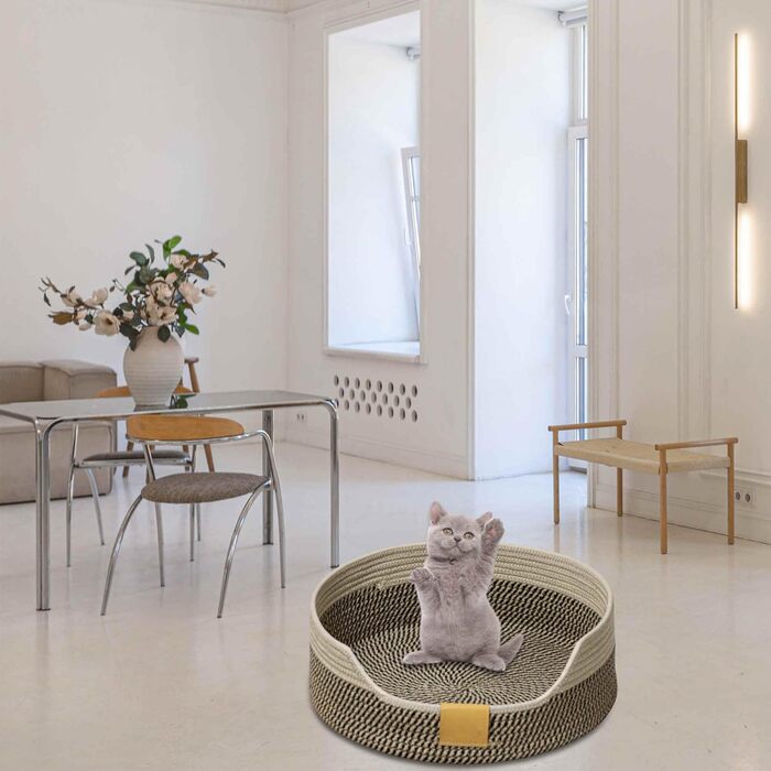 Квіткове ліжко для кота, 50 см, плетений кошик-гніздечко, дихаюче ліжко для тварин, міцне, стійке до подряпин, сірий, чорно-хакі (M)