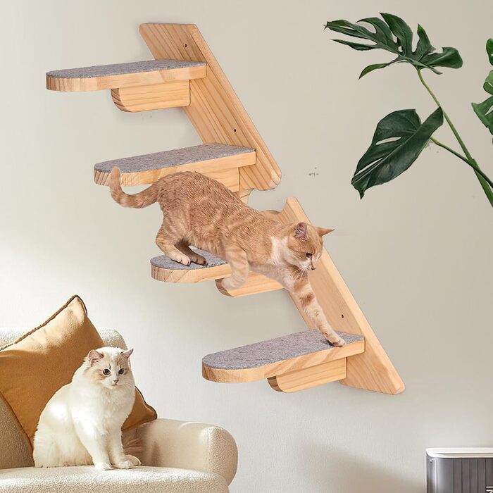 Кігтечка-полиця для котів WandMontierte Katze, дерев'яна, 4 сходинки, з плюшем, для лазіння, сну та ігор