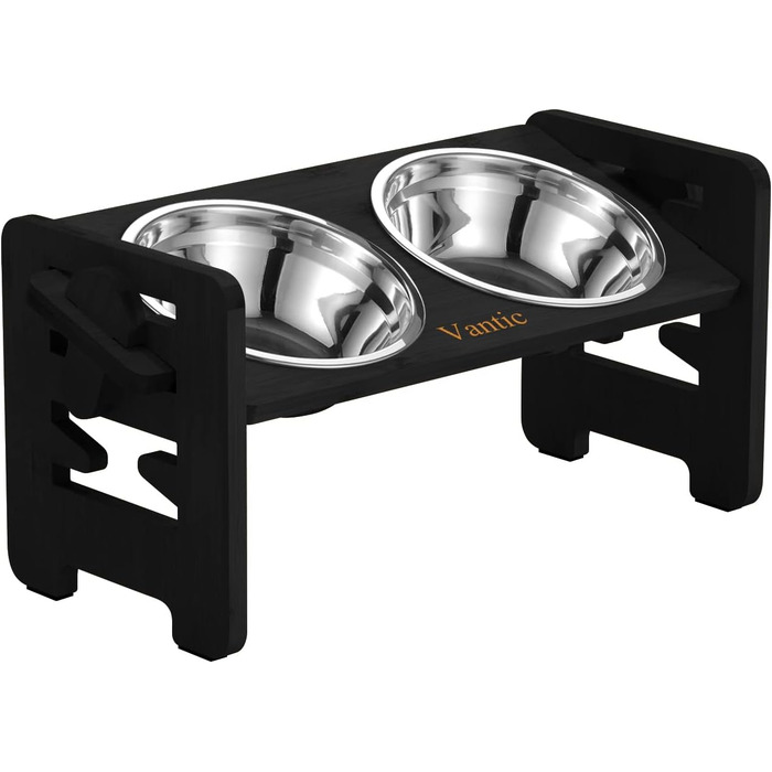 Підвищений годівниця для собак Vantic з підставкою, регульована висота, миска для маленьких собак та котів, міцна годівниця з бамбука з 2 нержавіюними мисками та протиковзкими ніжками (чорний)