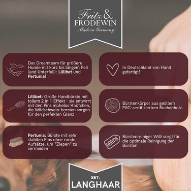 Набір щіток для собак Fritz & Frodewin 'Довга шерсть' | Преміум набір для догляду за шерстю собак | Щітки для вичісування | Для щоденного догляду | З сертифікованого дерева FSC | Безкоштовний засіб для чищення щіток | 100% Made in Germany