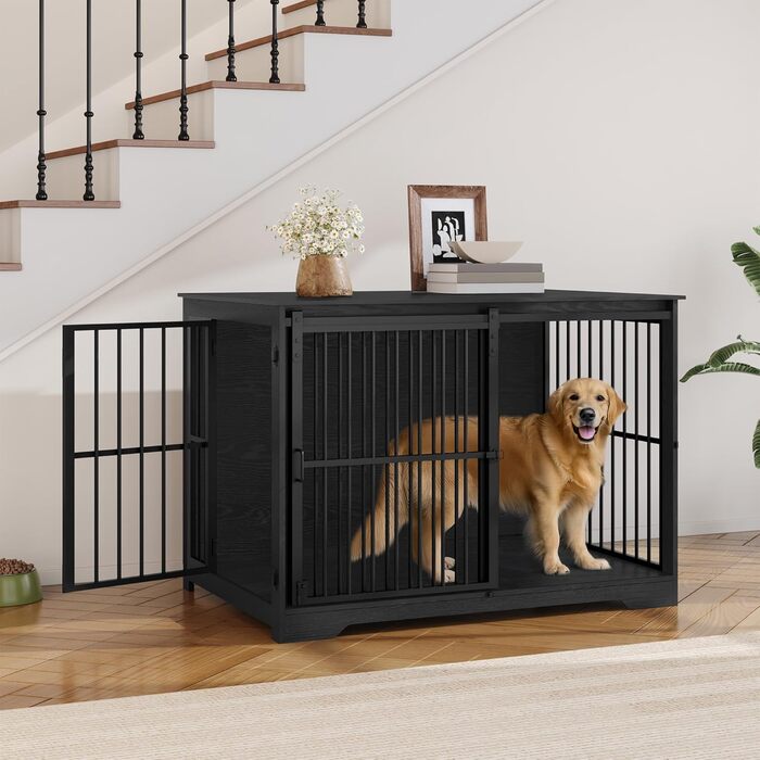 Вольєр-клітка для собак Hzuaneri XL, 110×65×81 см, дерев’яний будиночок з 2 дверцятами, міцна сталева конструкція,  до 150 кг, чорний