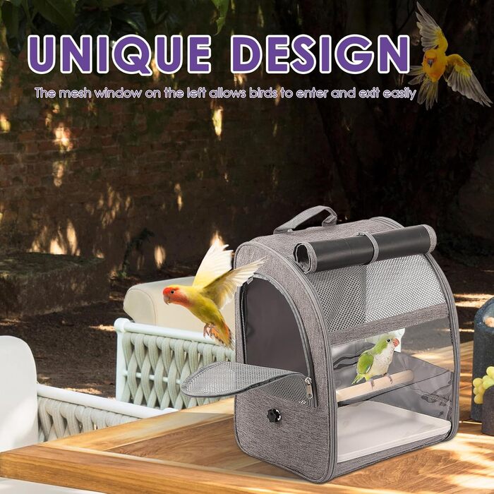 Рюкзак для птахів: переносна сумка-транспортер з жердинами та підставками, сірий. Підходить для папуг та інших середніх та дрібних птахів. Зроблений з дихаючої та міцної тканини Оксфорд.