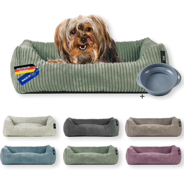Ляжка для собак | для маленьких собак | з подушкою Cord | знімний чохол | з мискою для корму (Salbei, 55 x 42 см)