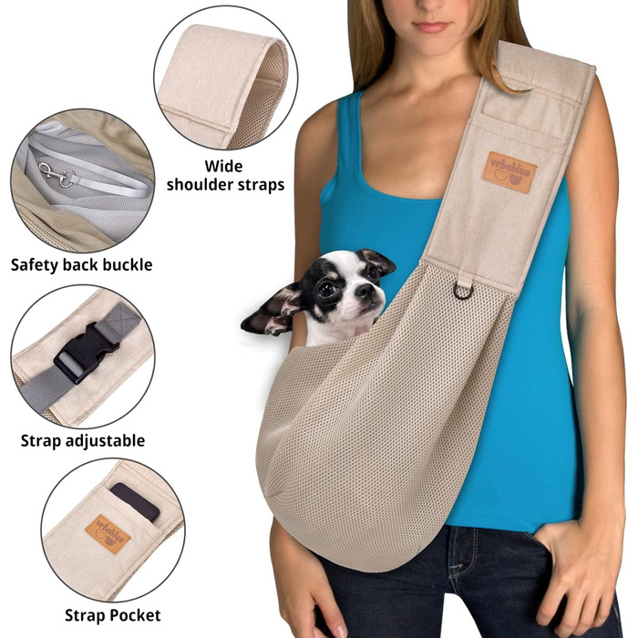 Сумка-переноска для собак з дихаючої сітки, регульований ремінь, сумка з кишенею, переноска для собак для подорожей на відкритому повітрі (Бежевий-L)