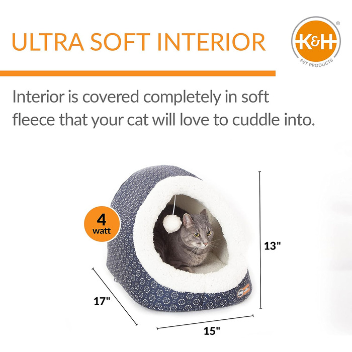 Електричне лежанка-печера для котів K&H Pet Products, сіра з геометричним візерунком, 43,2x38,1x33 см
