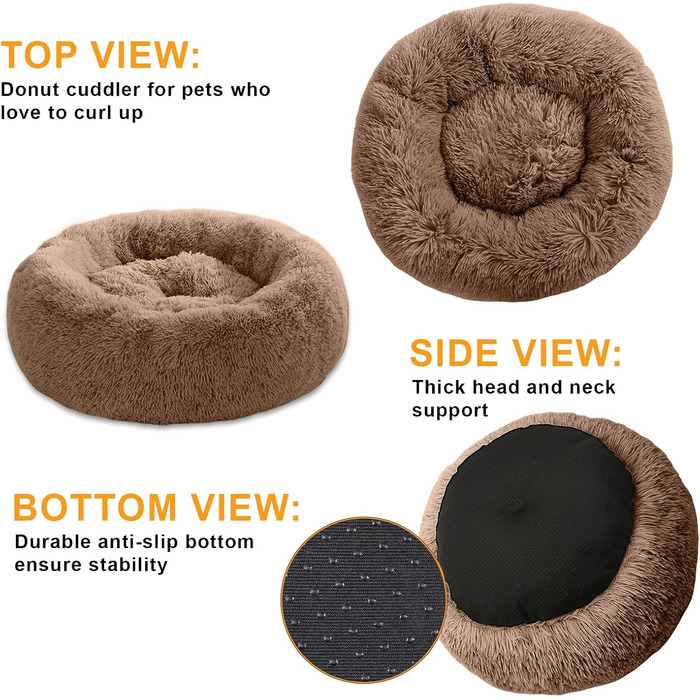 М'яке ліжко для собак та котів у вигляді пончика, плюшеве, кругле, 50 см, коричневе
