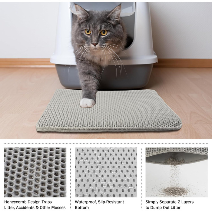 Килимок для котячого туалету PETMAKER, водонепроникний, 61x38 см, сіра двошарова волога килимок з візерунком стільники, нековзкий, для збору наповнювача
