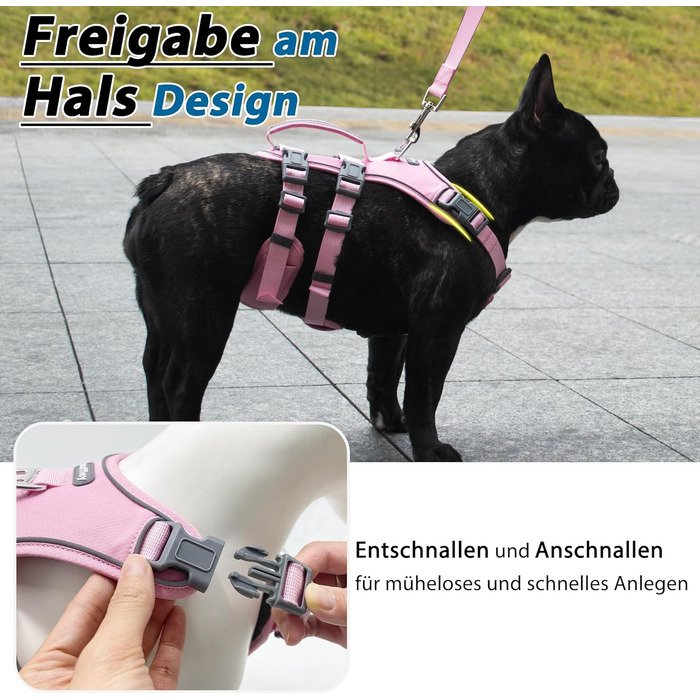 Нашийник для собак Wuffley з повідком, безпечний нашийник від вислизання, анти-тяговий нашийник з ручкою та світловідбиваючими елементами, легкий, регульований нашийник для середніх собак (рожевий, XS) Дуже маленький рожевий