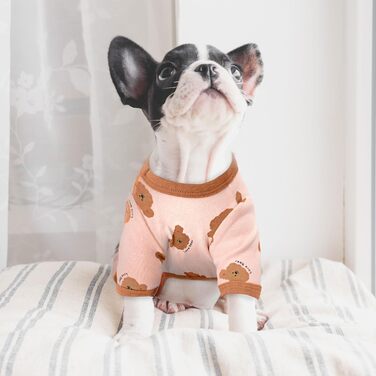 Піжама для собак AXIIJGL, бавовна, еластична, цільнокроєна, зручна, для маленьких собак, милий ведмедик, принт, для французького бульдога (Large, довжина спини 27 см), рожево-біла