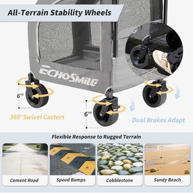 Візок для собак EchoSmile для маленьких та середніх собак до 20 кг, для бездоріжжя, складаний, з подвійними гальмами, ременями безпеки та сітковими віконцями, сірий