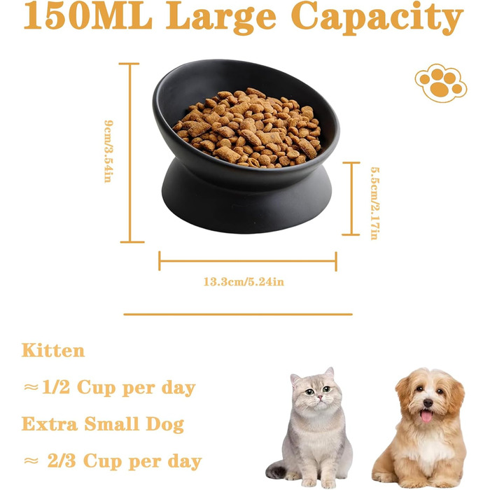 Підвищений годівниця для котів, кераміка, піднятий та нахилений годівниця, проти блювоти, без стресу, для котів та маленьких собак, 150 мл, чорний, 1 шт.