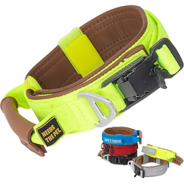 Нашийник Comfort Collar для великих собак, м'яка теляча шкіра, з підкладкою, світловідбиваючий, металева пряжка, зручна ручка, розмір S, неоново-жовтий