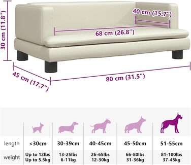 Крісло-ліжко для собак, м'яке лежанка для тварин, диванчик для маленьких собак та котів, штучна шкіра, 80 x 45 x 30 см, кремовий колір