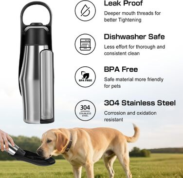 Водяна пляшка для собак на прогулянці - витокозахисна, з нержавіючої сталі, подвійні стінки, вакуумна ізоляція, 750 мл (Чорний)