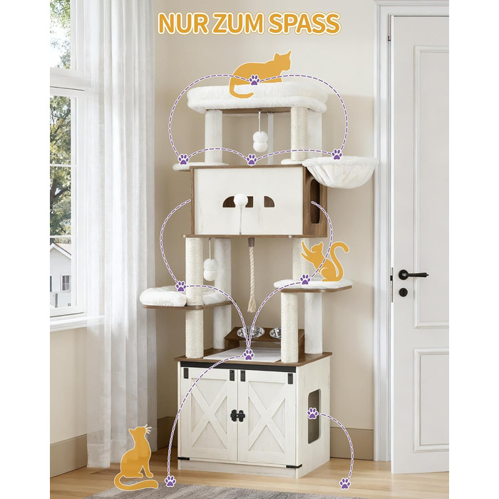 Драбина-кіготь для котів з туалетом, годівницею, 173 см, велика платформа, мотузка сизаль, гамак, знімний килимок, іграшки-кульки, білий та коричневий колір CB89014WT