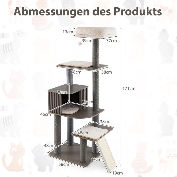 Дерев'яний кігтеточки для котів COSTWAY 151 см з платформами, печерею та іграшкою, сірий. Кліматичний комплекс для котів, кігтеточки-вежа, 58 x 48 x 171 см