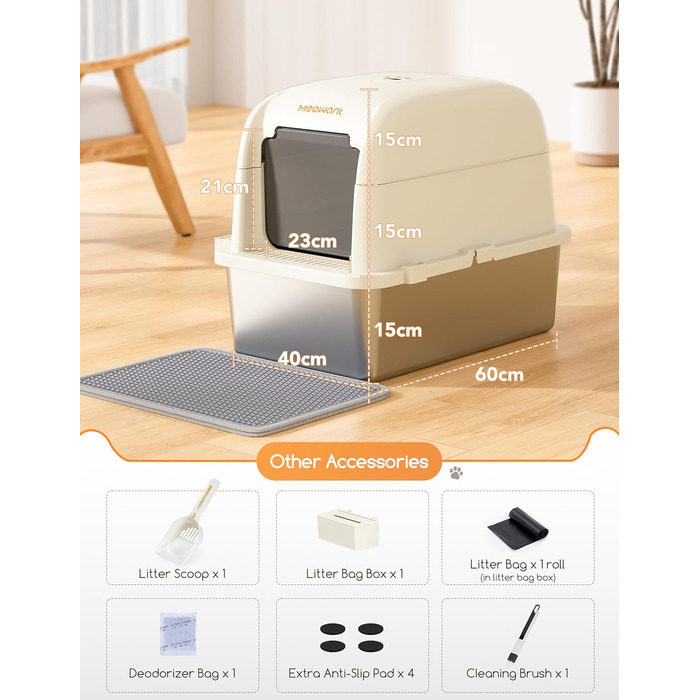 MeoWant котячий туалет із нержавіючої сталі з кришкою, 81 л, велика ємність, знімна тришарова закрита туалетна коробка для котів із високим бортиком, біла