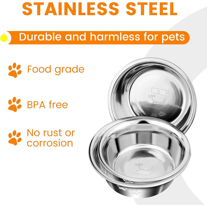 PETTOM Миски для собак з нержавіючої сталі, 2 шт. (3120 мл), миски для корму для собак великих, середніх та маленьких порід, миски для води для собак, антиковзкий силіконовий низ, розмір M - 21 см, сріблясті